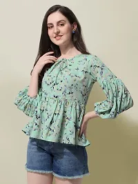 OOMPH! Green Floral Print Peplum Top in Crepe Fabric with Boat Neck and Full Sleeve-thumb2