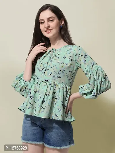 OOMPH! Green Floral Print Peplum Top in Crepe Fabric with Boat Neck and Full Sleeve-thumb3