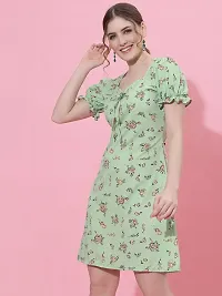 OOMPH! Mini/Short A-line Light Green Dress in Crepe Fabric with Sweetheart Neck and Puff Sleeves-thumb2