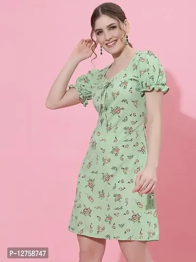 OOMPH! Mini/Short A-line Light Green Dress in Crepe Fabric with Sweetheart Neck and Puff Sleeves-thumb3