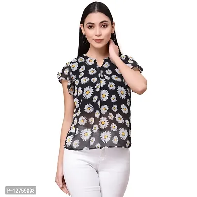 OOMPH! Women's Georgette Printed top with Keyhole Neck and Flutter Sleeve