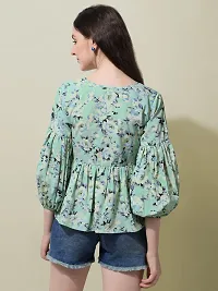 OOMPH! Green Floral Print Peplum Top in Crepe Fabric with Boat Neck and Full Sleeve-thumb4