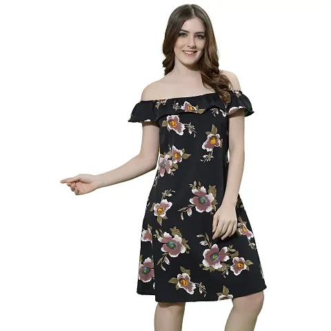 OOMPH! Mini/Short A-line Dress in Crepe Fabric with Off Shoulder and Off Shoulder Sleeve