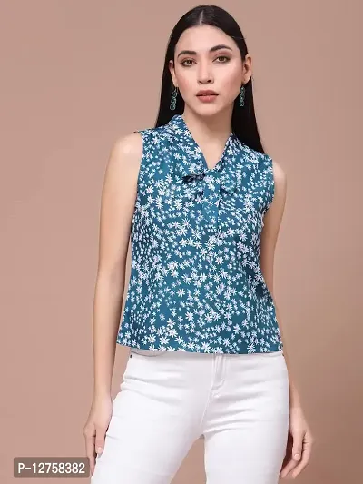 OOMPH! Women's Crepe Printed top with Tie Neck and Sleeveless-thumb2