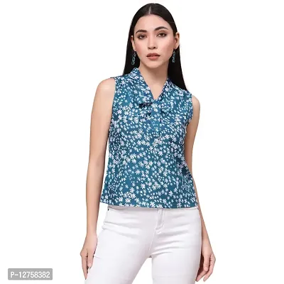 OOMPH! Women's Crepe Printed top with Tie Neck and Sleeveless-thumb0