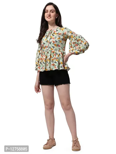 Green Geometric Print Peplum Top in Crepe Fabric with Boat Neck and Full Sleeve