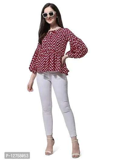 Red Geometric Print Peplum Top in Crepe Fabric with Boat Neck and Full Sleeve