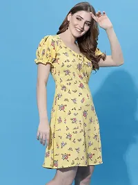 OOMPH! Mini/Short A-line Yellow Dress in Crepe Fabric with Sweetheart Neck and Puff Sleeves-thumb2