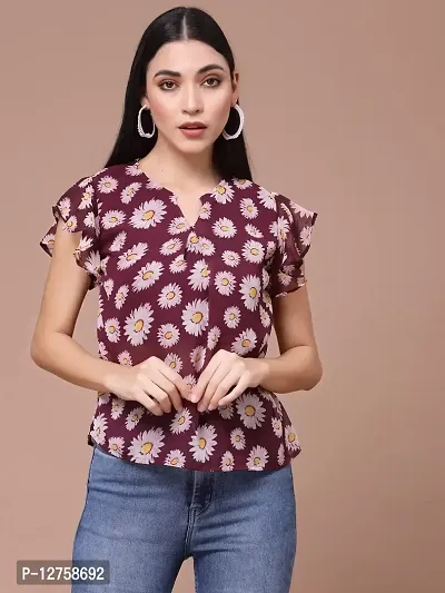 OOMPH! Women's Georgette Printed top with Keyhole Neck and Flutter Sleeve-thumb2