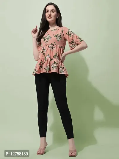 Orange Floral Print Layered Top in Crepe Fabric with Round Neck and Half Sleeve-thumb2