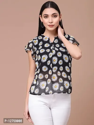 OOMPH! Women's Georgette Printed top with Keyhole Neck and Flutter Sleeve-thumb2