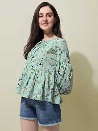 OOMPH! Green Floral Print Peplum Top in Crepe Fabric with Boat Neck and Full Sleeve-thumb3