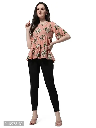 Orange Floral Print Layered Top in Crepe Fabric with Round Neck and Half Sleeve-thumb0