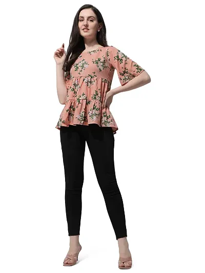 Light Floral Print Layered Top in Crepe Fabric with Round Neck and Half Sleeve