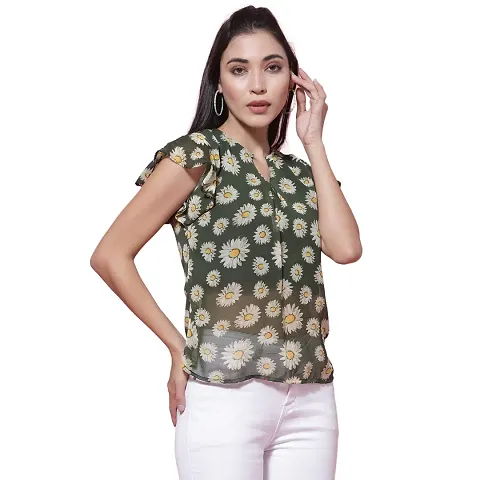 OOMPH! Women's Georgette Printed top with Keyhole Neck and Flutter Sleeve