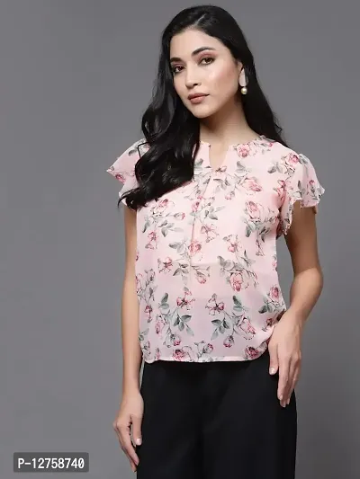 OOMPH! Women's Georgette Printed top with Keyhole Neck and Flutter Sleeve-thumb2