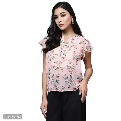 OOMPH! Women's Georgette Printed top with Keyhole Neck and Flutter Sleeve-thumb0