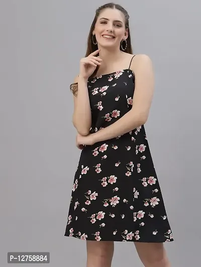 OOMPH! Mini/Short A-line Black Dress in Crepe Fabric with Shoulder Straps and Sleeveless-thumb3