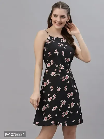 OOMPH! Mini/Short A-line Black Dress in Crepe Fabric with Shoulder Straps and Sleeveless-thumb2