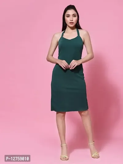 OOMPH! Mini/Short Bodycon Dark Green Dress in Lycra Blend Fabric with Halter Neck and No Sleeves - md648m-thumb2