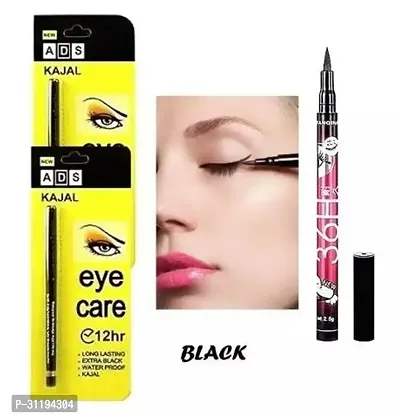 Eye care Kajal 12hr Long Lasting Extra Black Waterproof Kajal Pack Of 2 with 36H Black Pencil Eyeliner Pack Of 1