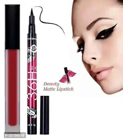 Red Matte Lipstick Pack Of 1 With 36H Black Eyeliner Pack Of 1-thumb0