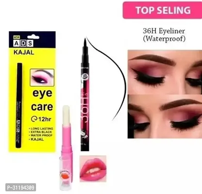 Eyecare 12hrs Long Lasting Kajal with 36h Black Pencil Eyeliner  Pink Magic Lipbalm Pack Of 1-thumb0