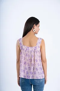 Clothekettle Women's Chiffon Floral Printed Straight Square Neck Short Top | White  Purple |-thumb4