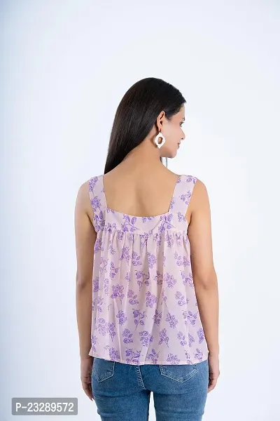 Clothekettle Women's Chiffon Floral Printed Straight Square Neck Short Top | White  Purple |-thumb5