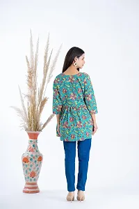 Clothekettle Women's Cotton Floral Printed A-Line Round Neck Short Kurti Top | Green |-thumb4