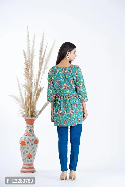 Clothekettle Women's Cotton Floral Printed A-Line Round Neck Short Kurti Top | Green |-thumb5