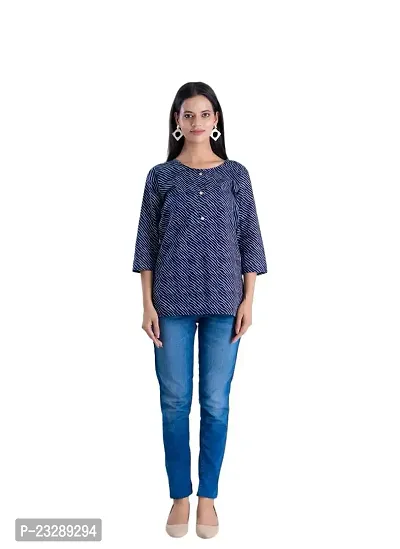 Clothekettle Women's Cotton Lehriya Printed Straight Round Neck Short Kurti Top | Blue |