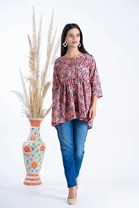 Clothekettle Women's Cotton Floral Printed A-Line Round Neck Short Kurti Top | Peach |-thumb1