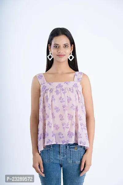 Clothekettle Women's Chiffon Floral Printed Straight Square Neck Short Top | White  Purple |-thumb4