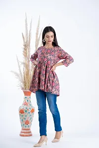 Clothekettle Women's Cotton Floral Printed A-Line Round Neck Short Kurti Top | Peach |-thumb2