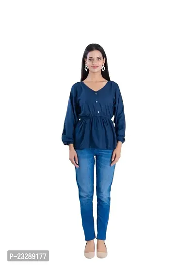 Clothekettle Women's Rayon Solid A-Line V- Neck Drawstring Top | Navy Blue |-thumb0
