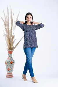Clothekettle Women's Cotton Lehriya Printed Straight Round Neck Short Kurti Top | Blue |-thumb2