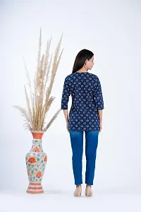 Clothekettle Women's Cotton Block Printed Straight Round Neck Short Kurti Top | Blue |-thumb4