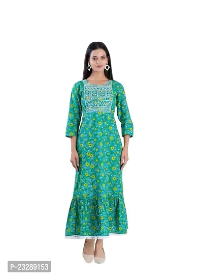 Clothekettle Women's Cotton Floral Printed A-Line Round Neck Long Gown | Green |