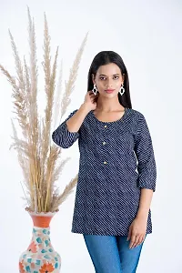 Clothekettle Women's Cotton Lehriya Printed Straight Round Neck Short Kurti Top | Blue |-thumb4