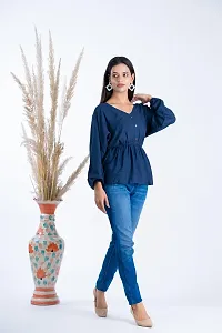 Clothekettle Women's Rayon Solid A-Line V- Neck Drawstring Top | Navy Blue |-thumb2