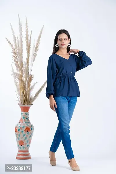 Clothekettle Women's Rayon Solid A-Line V- Neck Drawstring Top | Navy Blue |-thumb3