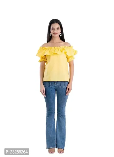 Clothekettle Women's Cotton Solid Straight Off-Shoulder Neck Short Top | Yellow |