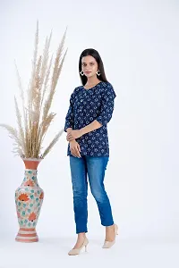 Clothekettle Women's Cotton Block Printed Straight Round Neck Short Kurti Top | Blue |-thumb3