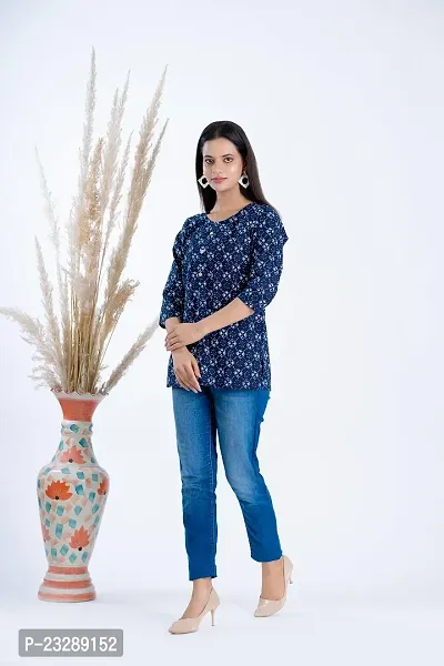 Clothekettle Women's Cotton Block Printed Straight Round Neck Short Kurti Top | Blue |-thumb4