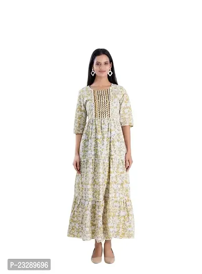 Clothekettle Women's Cotton Floral Printed A-Line Round Neck Long Gown | Cream |-thumb0