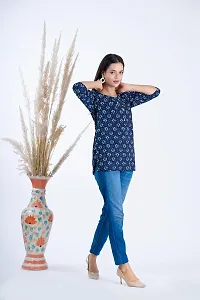 Clothekettle Women's Cotton Block Printed Straight Round Neck Short Kurti Top | Blue |-thumb2