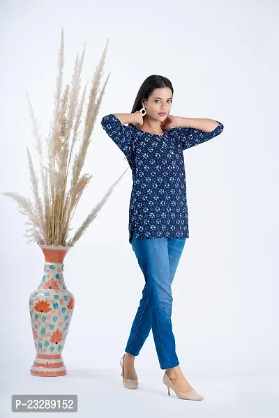 Clothekettle Women's Cotton Block Printed Straight Round Neck Short Kurti Top | Blue |-thumb3