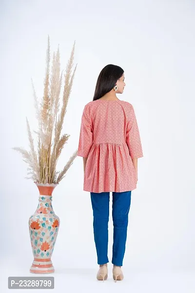 Clothekettle Women's Cotton Motif Printed A-Line Round Neck Short Kurti Top | Peach |-thumb5
