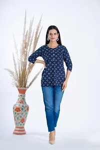 Clothekettle Women's Cotton Block Printed Straight Round Neck Short Kurti Top | Blue |-thumb1